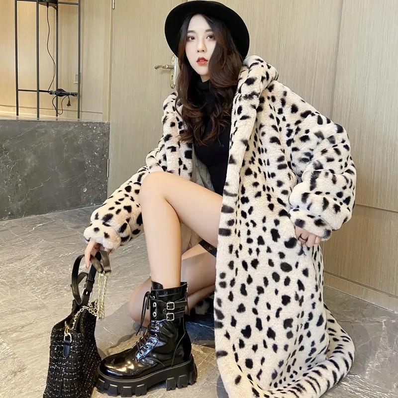 New Leopard Print Faux Fur Coat Women Winter Warm Parka Long Oversize Hooded Furry Overcoat Women Fur Jacket Winter Clothing