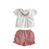 Sommer 2023 Mädchen Besticktes Oberteil mit Puffärmeln zum Knöpfen und Rüschenshorts Set für Alter 1 bis 3