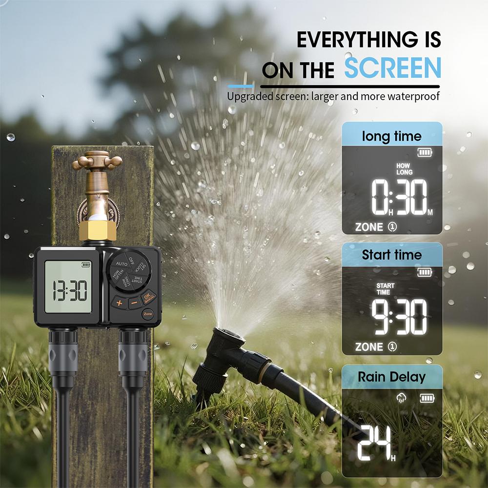 2 Zone Programmable Automatic Irrigation Timer Garden Water Timer with Rain Delay Manual/Auto Mode Watering for Lawn Yard