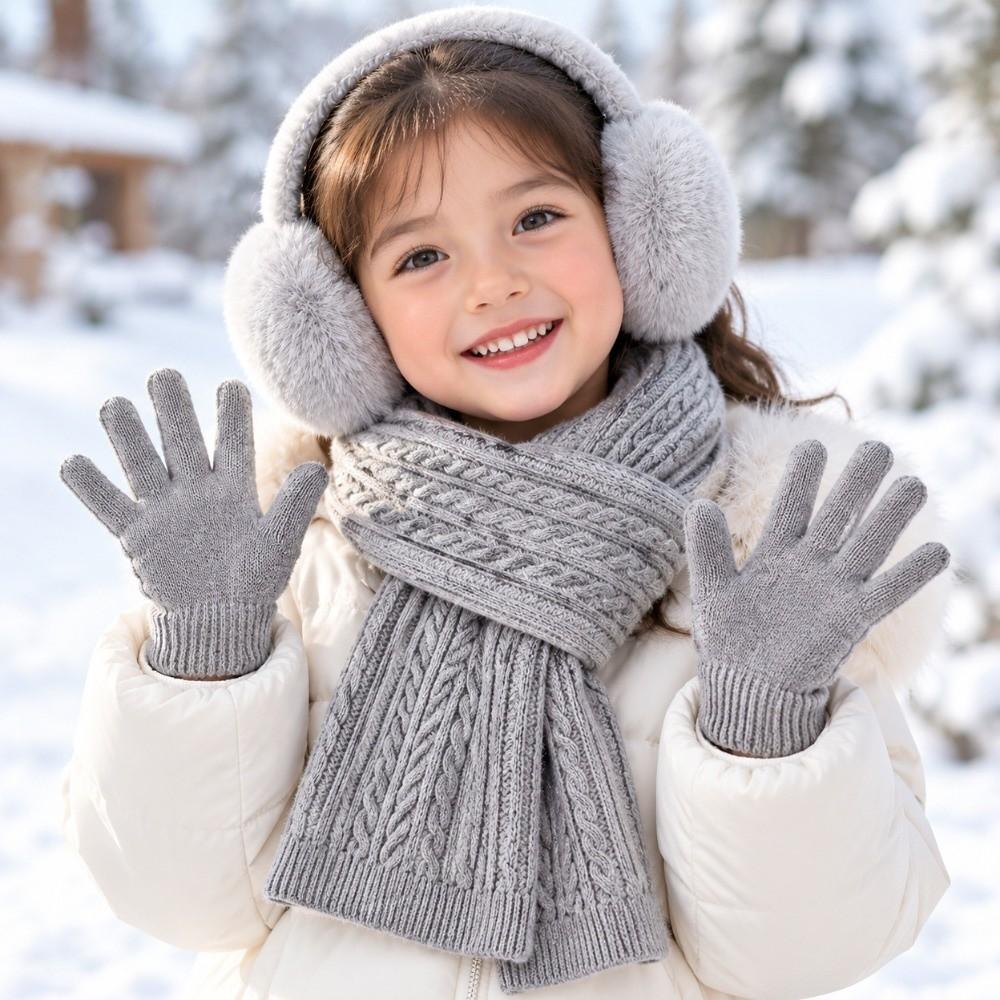 Elastic Woolen Neck Scarf Cold Proof Knitted Scarf Fashion Kids Earmuffs Scarf Gloves Set  Daily