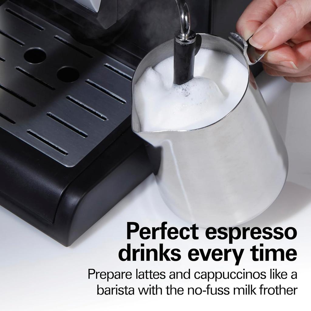 15 Bar Espresso Machine, Cappuccino & Latte Maker with Milk Frother, Dual Cup, Pods or Ground Coffee, 50 oz Tank, Black
