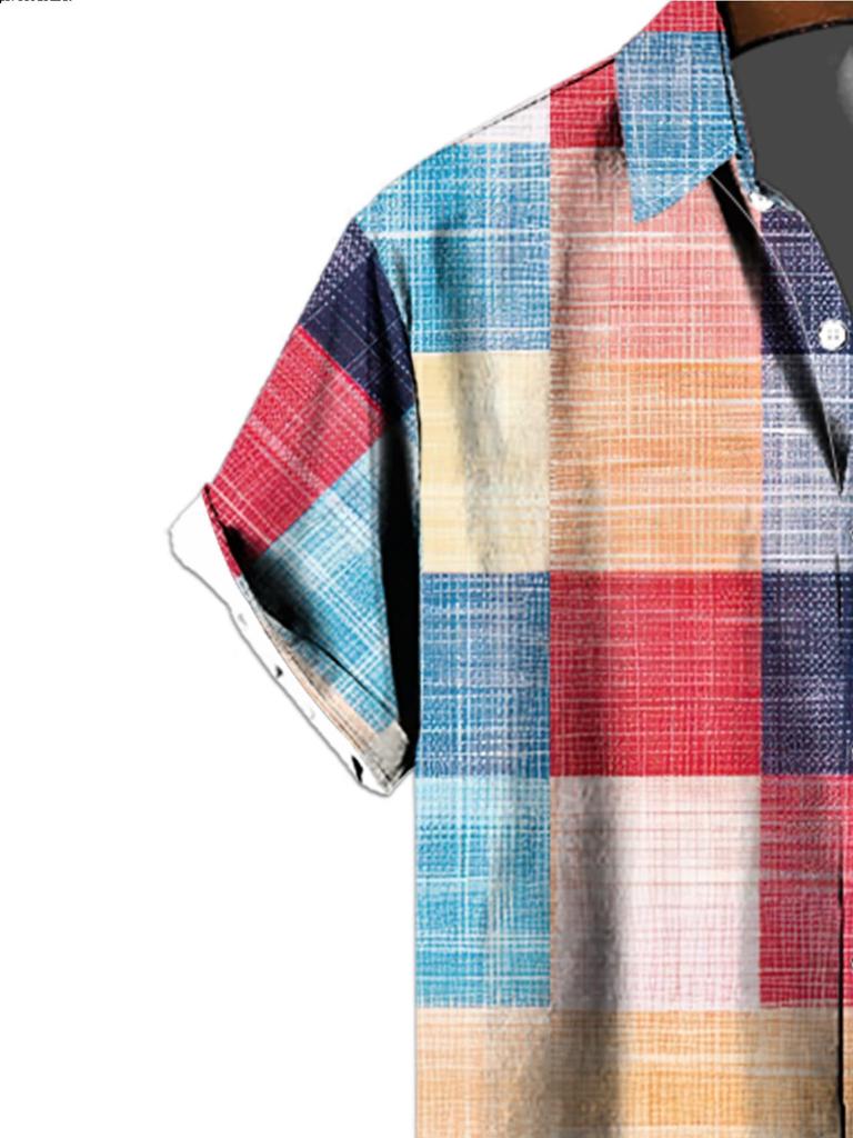 2025 Summer New Fashion Colorful Plaid Print Short Sleeve Shirt Men'S Casual Loose Breathable Turn- Collar Half Sleeve Top