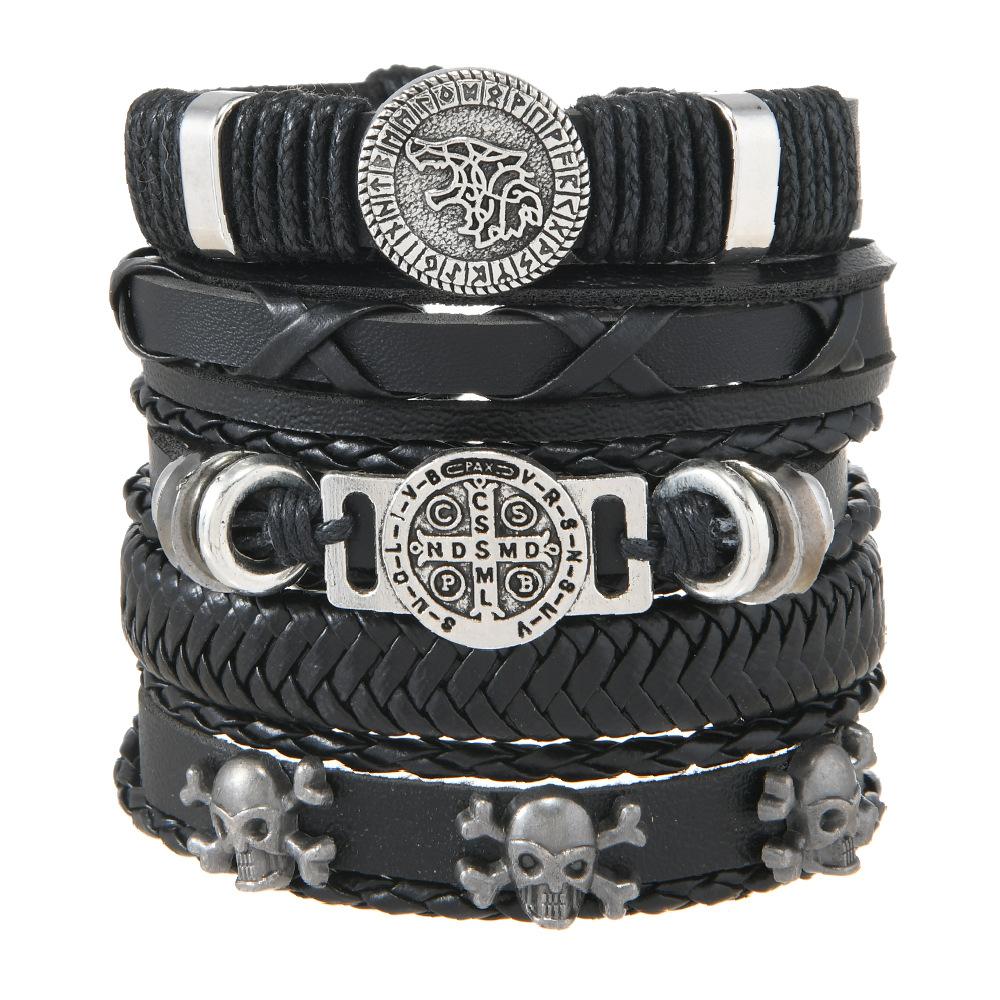 Skull head alloy accessory set of five pieces, cowhide bracelet, direct supply for jewelry