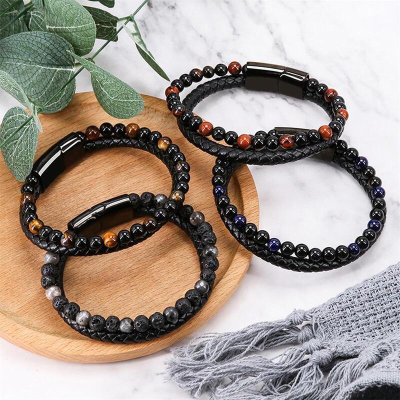 Men Double 21cm Layered Volcanic Stone Beaded Bracelet Alloy Clasp Leather Faux