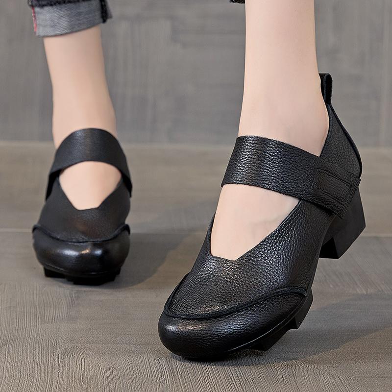 Fashion GKTINOO Retro Thick Heel Women Shoes Hook Loop Mary Jane Loafers Luxury 5 Cm Pumps Genuine Leather Sewn Square Heel Single Shoes