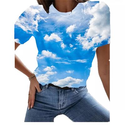 Damen T-Shirt Harajuku Blauer Himmel 3D-Druck Modetrend Dünn Leicht V-Ausschnitt Weiß Kurzarm Kleidung Freizeit Sommer Pullover