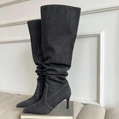 Fashion Denim High Heels Long Boots Women 2024 Winter Pleats Elegant Knee Boots Pointed Toe Cowboy Boots Woman Stiletto Heel High Boots