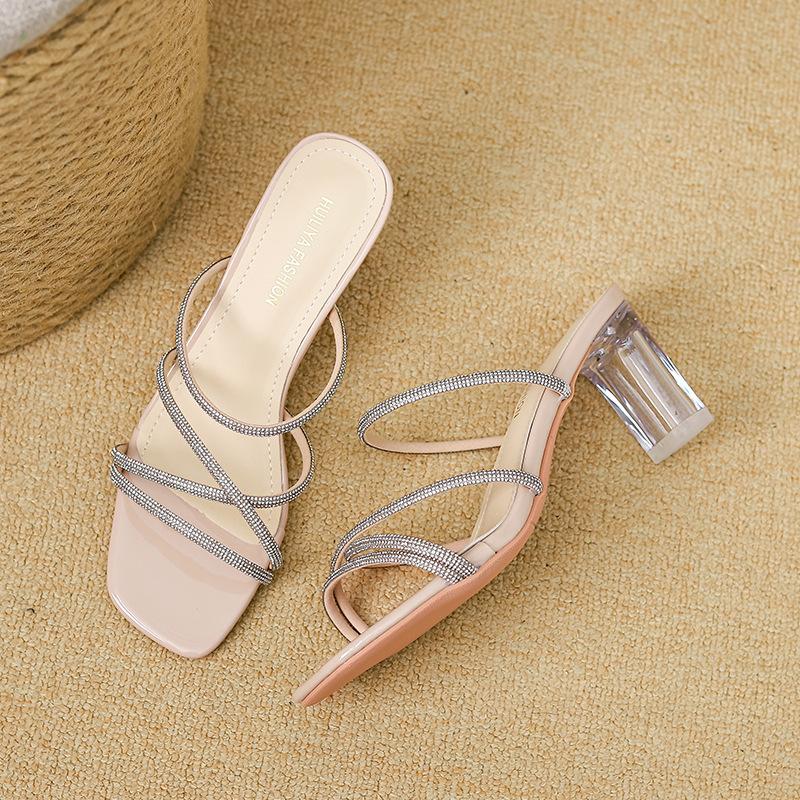 

X 2025-9 Хулиюа женская верхняя одежда 2025 новые туфли-сандалии на прозрачном толстом каблуке с кристаллами и стразами, в стиле маленького черного платья 40 розовый