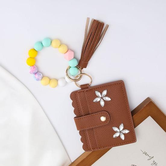 RFID Shielded Card Holder with Rhinestone Flower And Beads Decor Women Wristband Wallet Keychain Faux