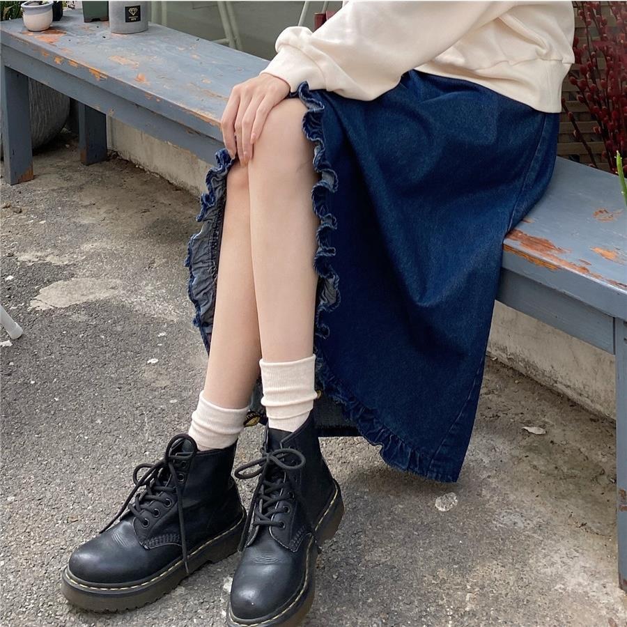 Spring and Autumn Academy Style Versatile High Waist Medium Length Half Length Skirt Design Sense Ruffle Irregular Denim Skirt for Women