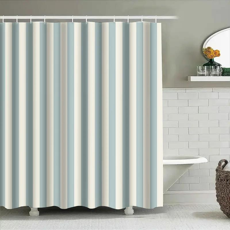 Elegant Blue and White Striped Bathroom Curtain Waterproof Fabric Modern Minimalist Design SpaceSuitable for Wet& Dry Separati