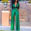 Combinaison Romper Femme Col en V Manches Longues Taille Haute Jambe Large Coupe Ample Décontractée