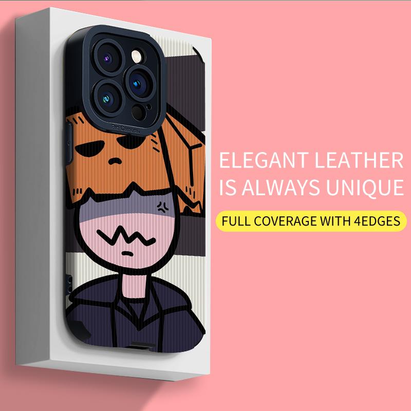 Vertical Grain Leather Shell Box Boy Printed Patterned Shockproof Soft Silicone Case with Camera Lens Full Protection for iPhone