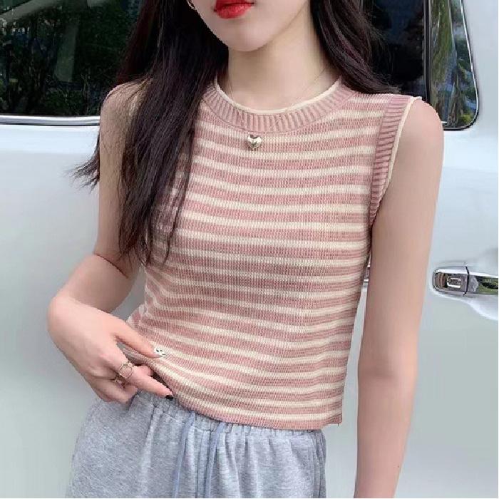 Striped knitted vest suspender women's summer new design sense outer wear wide inner sleeveless student top women