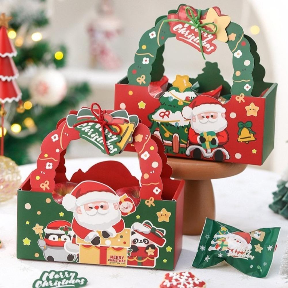 5pcs New Christmas Handle Treat Boxes Cartoon Santa Claus Paper Gift Packing Bag Navidad Decor Red Green Xmas Packaging