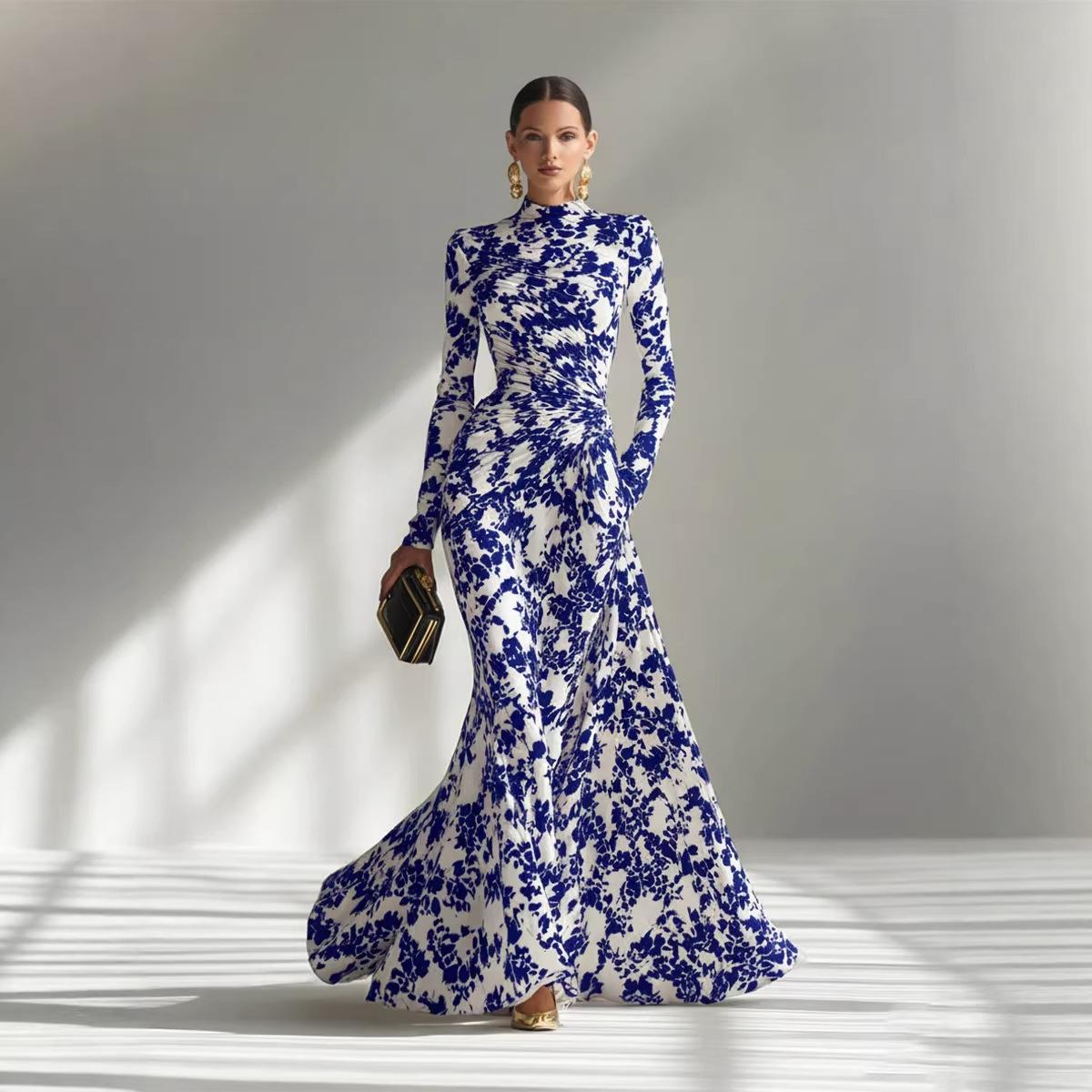 

European and American spring and autumn fashion women s clothing long-sleeved printed pleated long dress INS temperament dress dress XXXL синій