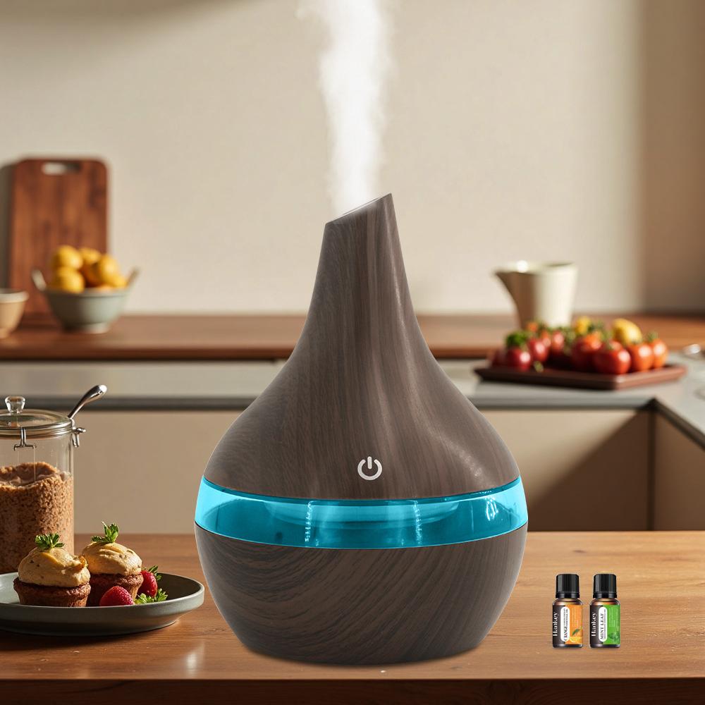 

300ml USB Essential Oil Diffuser Humidifier Wood Grain Design, Quiet Operation, Auto Shut off, BPA Free with 2 Aroma Oils