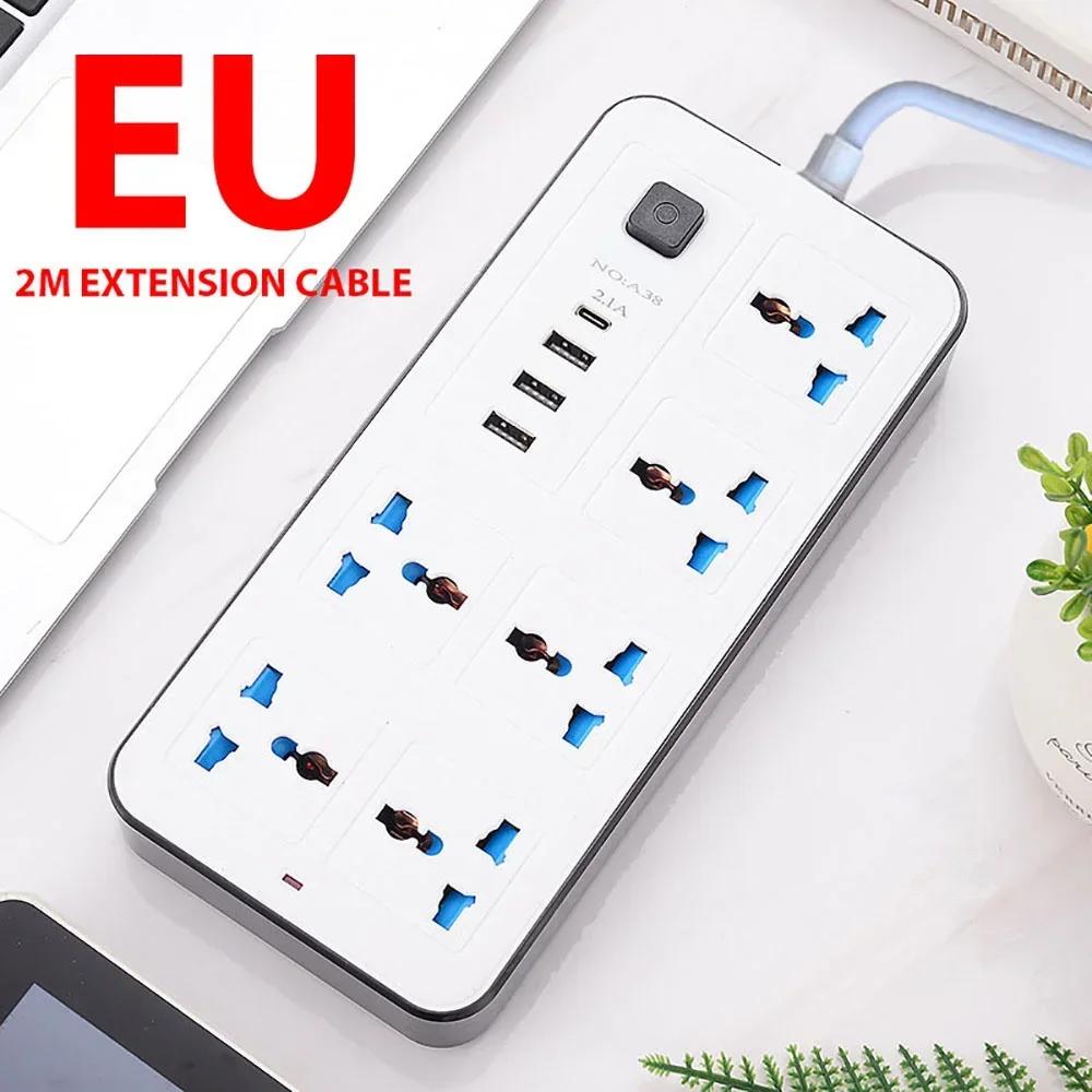 2m Extension Cord Power Multi Tap Multi Ports AC Sockets & 3 USB Electrical Socket Type C Smart Home EU US UK Universal Plug