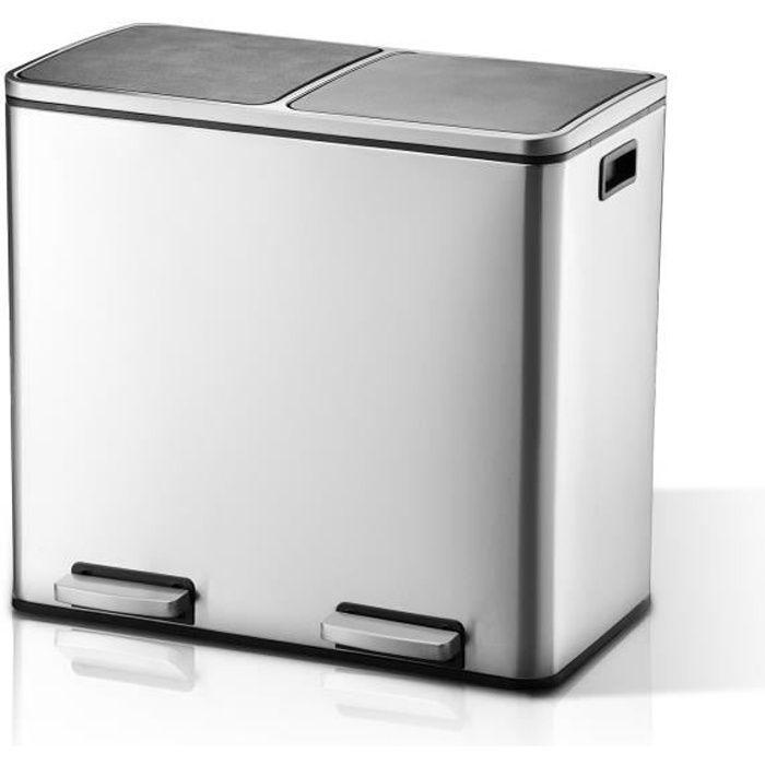 Poubelle à pédale séparateur de déchets inox, capacité 60l avec 2 bacs de 30l, 2 seaux intérieurs en plastique, couvercles, poignées