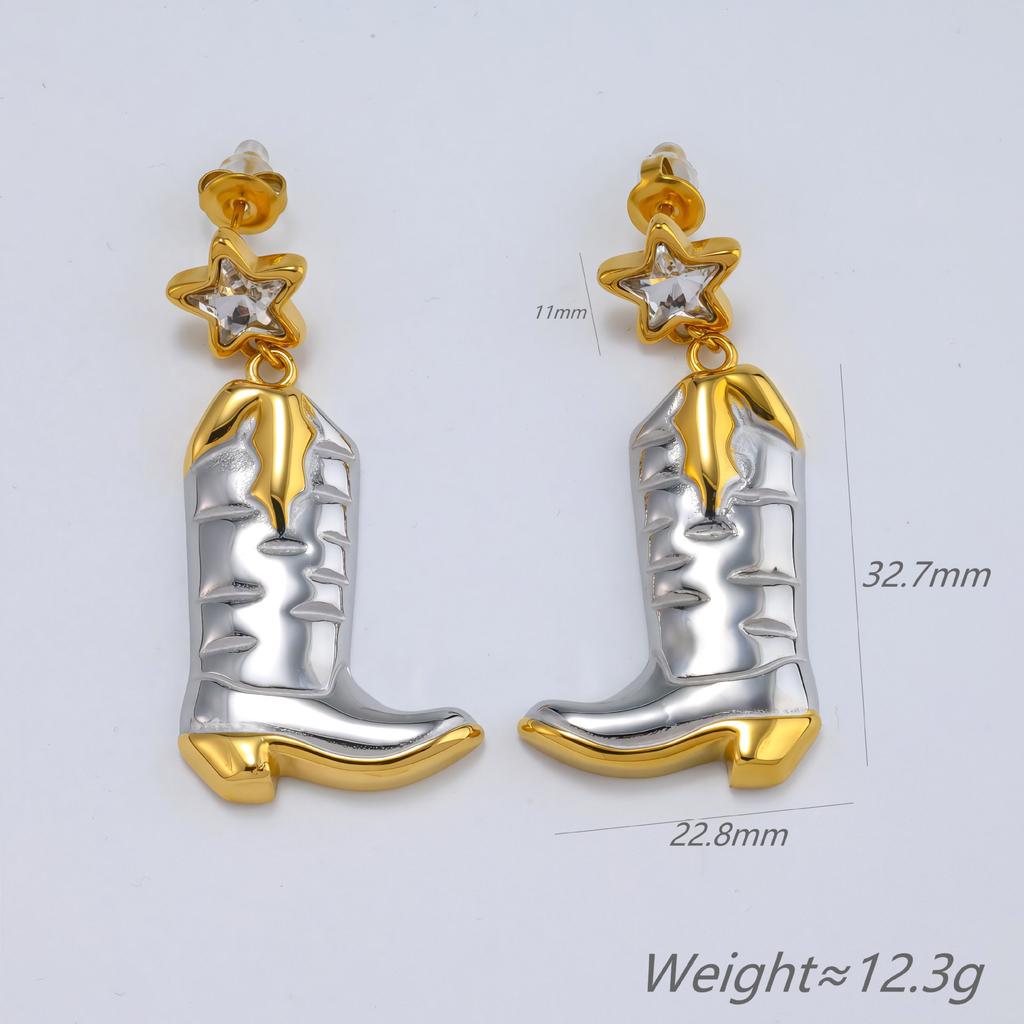 Spice Girl Western Style Gold and Silver Contrast Color Cowboy Boots Women's Earrings Pentagram Pendant Personality Exaggerated Earrings Tide