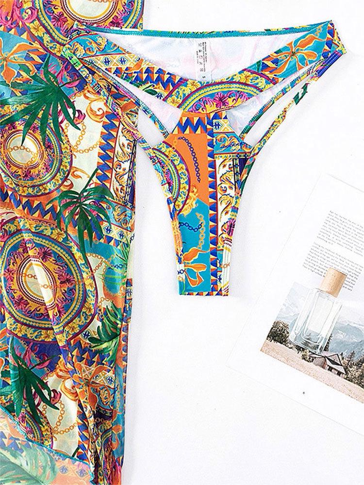 2025 European-American Bohemian Print One-Shoulder Beach Bikini Swimsuit Set for Women