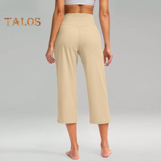 Women Yoga Pants Elastic High Waist Loose Leg Cropped Trousers with Pockets Sporty Casual Style Pants