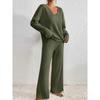 Womens Long Sleeve V-Neck Solid Color Knit Top Casual Pants 2-Piece Set Fall 2026