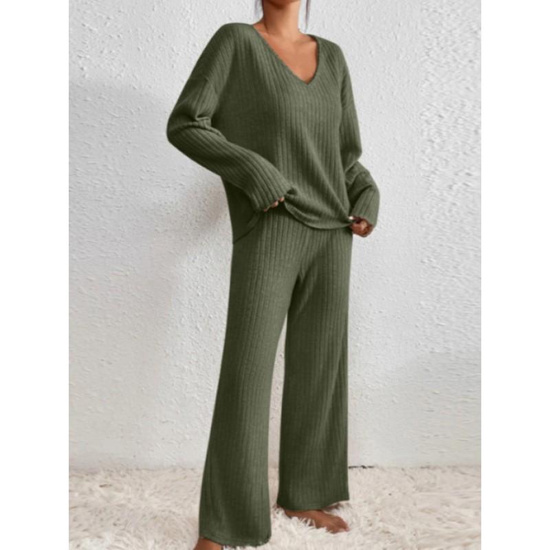 Womens Long Sleeve V-Neck Solid Color Knit Top Casual Pants 2-Piece Set Fall 2026