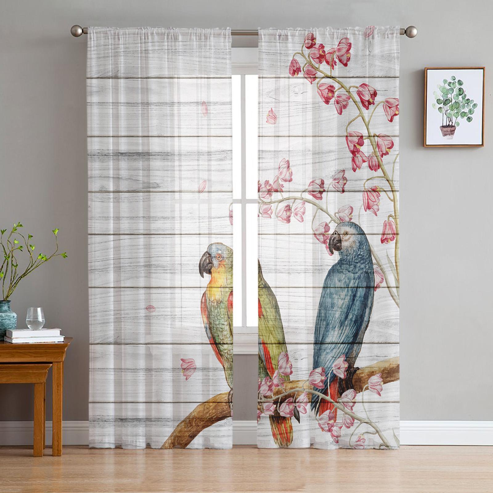 

Parrot Flowers On Wooden Board Curtain For Living Room Transparent Tulle Curtains Window Sheer For The Bedroom Accessories Decor W135 x H114cm