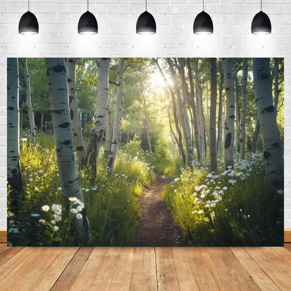 

Sunny Trail Birch Tree Forest Background Banner Woodland Natural Scenery Photography Backdrop Supplies Wonderland Photo Studio 120X90CM