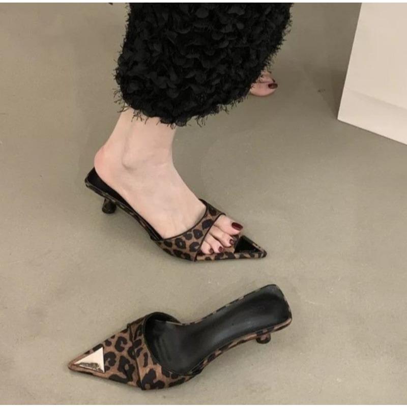 Women's Slippers Summer New High Heels Pointed Head Shallow Mouth Leopard Print Sandals Fashion Temperament Fine Heels Slippers