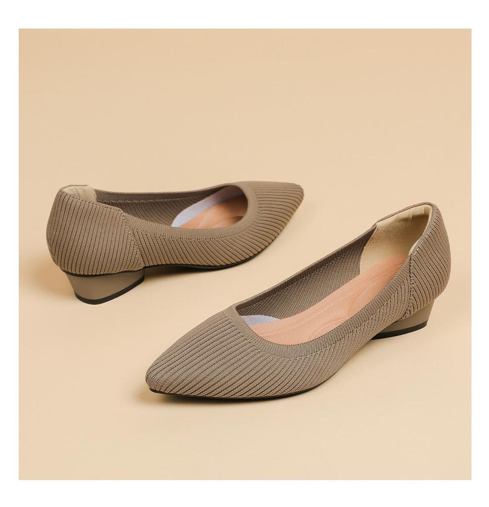 B35-3 Pointed Toe Low-Cut Chunky Heel Breathable Plus Size Striped Knit Shoes