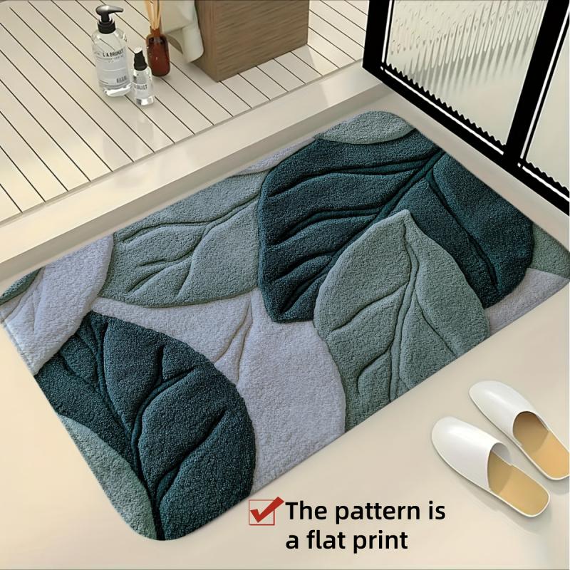 VIKAMA Nordic Style Green Leaf Bathroom Floor Mat, Bathroom Quick Drying Anti Slip Mat, Bathroom Door Absorbent Foot Mat