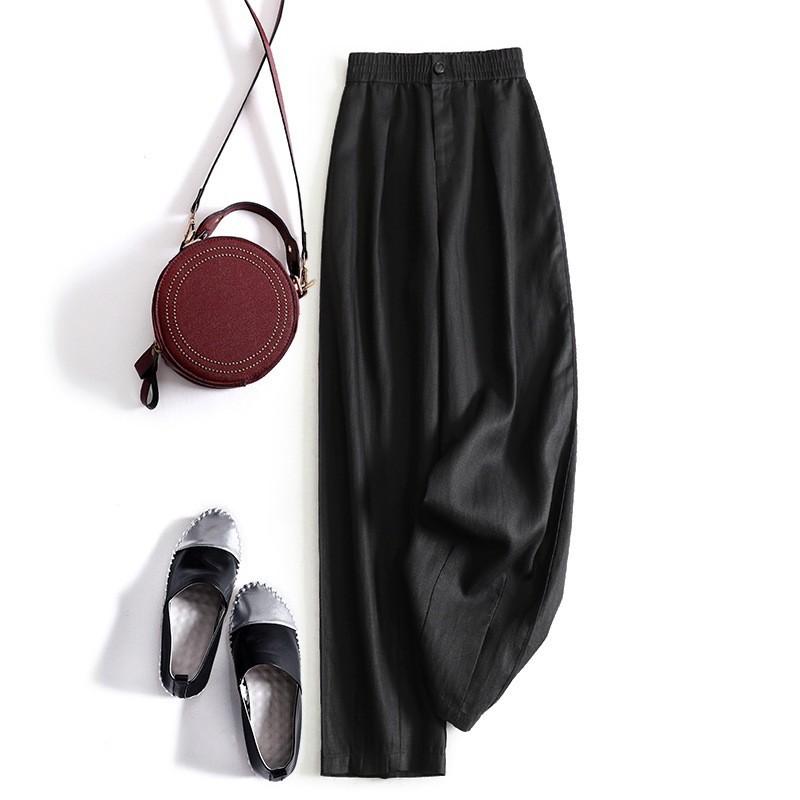 

Дышащие высококачественные широкие брюки женские 2025 весна и лето новые литературные однотонные на резинке хлопок и лен повседневные брюки 2XL чёрный