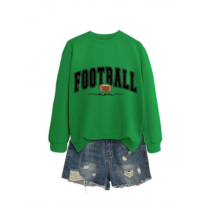 Womens Casual Round Neck Long Sleeve Cotton Sweatshirt With Football Mom Print - Loose Fit Plus Size S-XXL