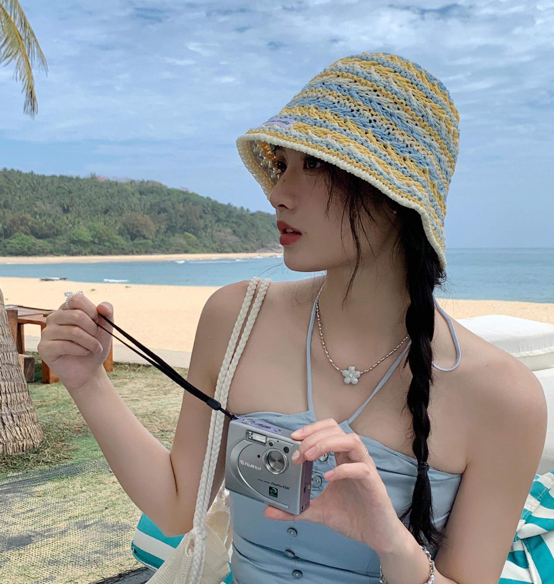 

Ladies BucketHat Korean Knitted Striped Verstaile Hollow Breathable Bucket Hat Beach Vacation Sunscreen Sunshade Hats For Girl