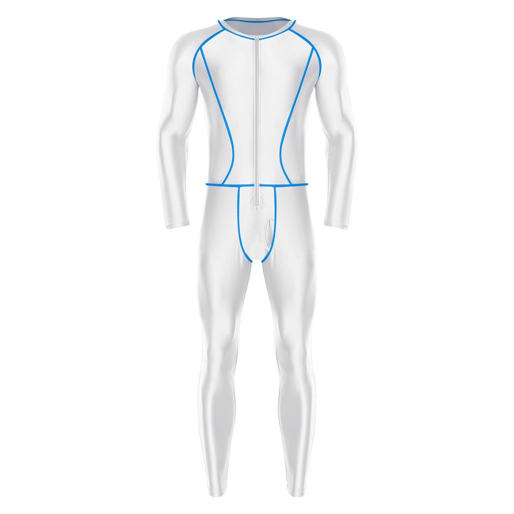 Glänzender Kompressions-Jumpsuit für Herren, Slim Fit, Außen mit flachen Nähten, Reißverschluss vorne, Langarm, Lange Hosen, Yoga-Romper