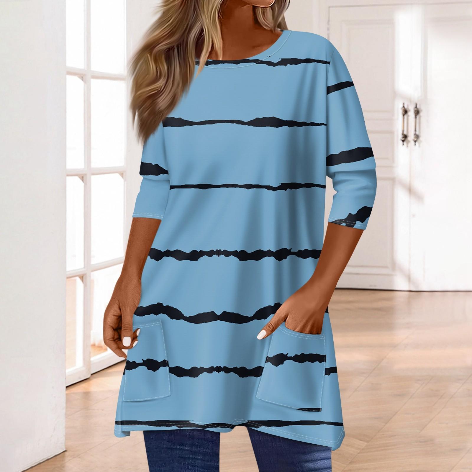 

3/4 рукава кармана топы для женщин футболка повседневный принт средней длины топы футболка круглый вырез пуловер блузка L синий