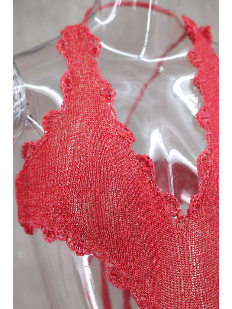 Spring/Summer Deep V Cut-Out Lurex Hand-Crocheted Knit Dress with Lace-Up Slit