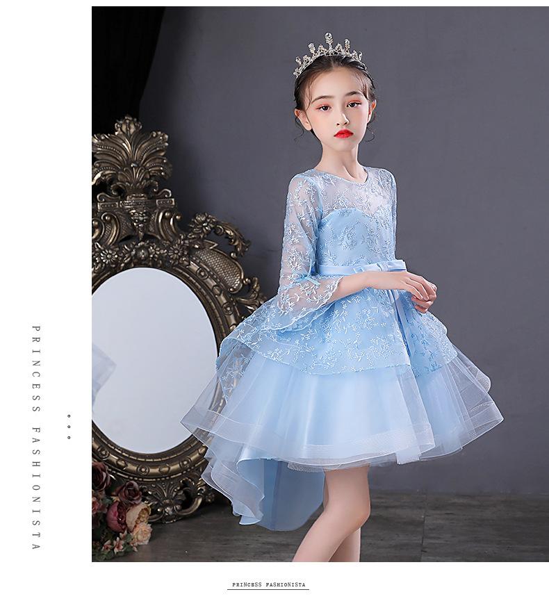 Girl Dress Party Birthday Embroidered Mesh Bow 3/4 Sleeve Princess Sweet Dresses Kids Clothes