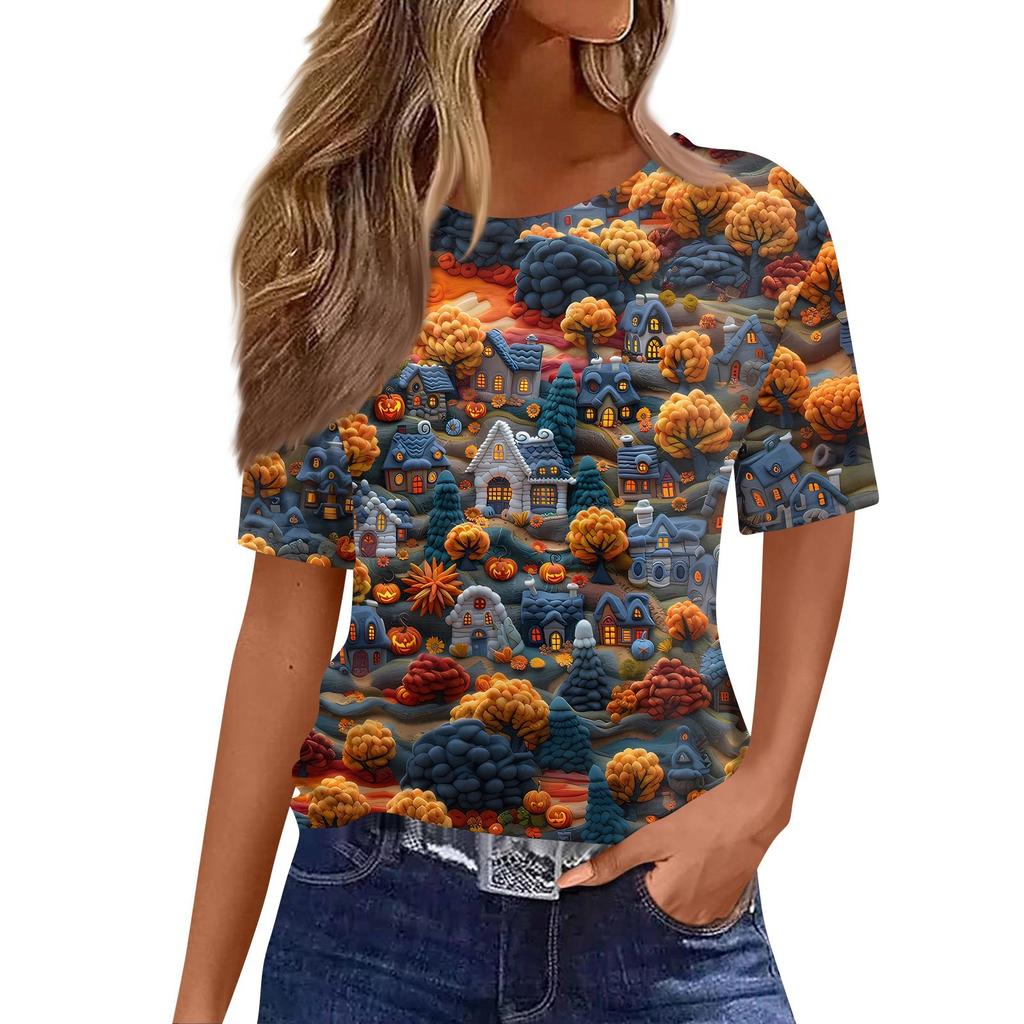 Women's Fashionable Casual Short Sleeve Halloween Print Round Neck Pullover Top