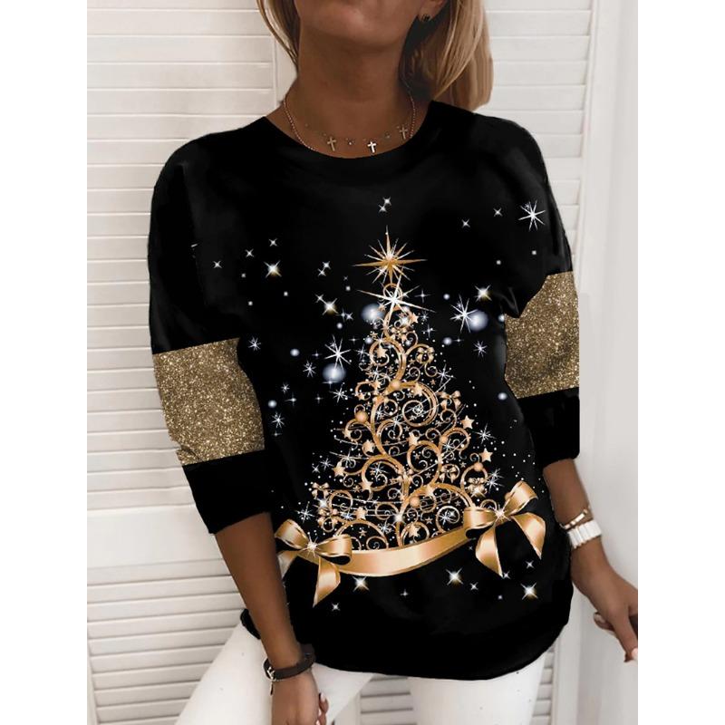 XS-8XL Women's T Shirt Tee Snowflake Sparkly Christmas Tree Christmas Weekend Painting Tee Long Sleeve Print Round Neck Basic