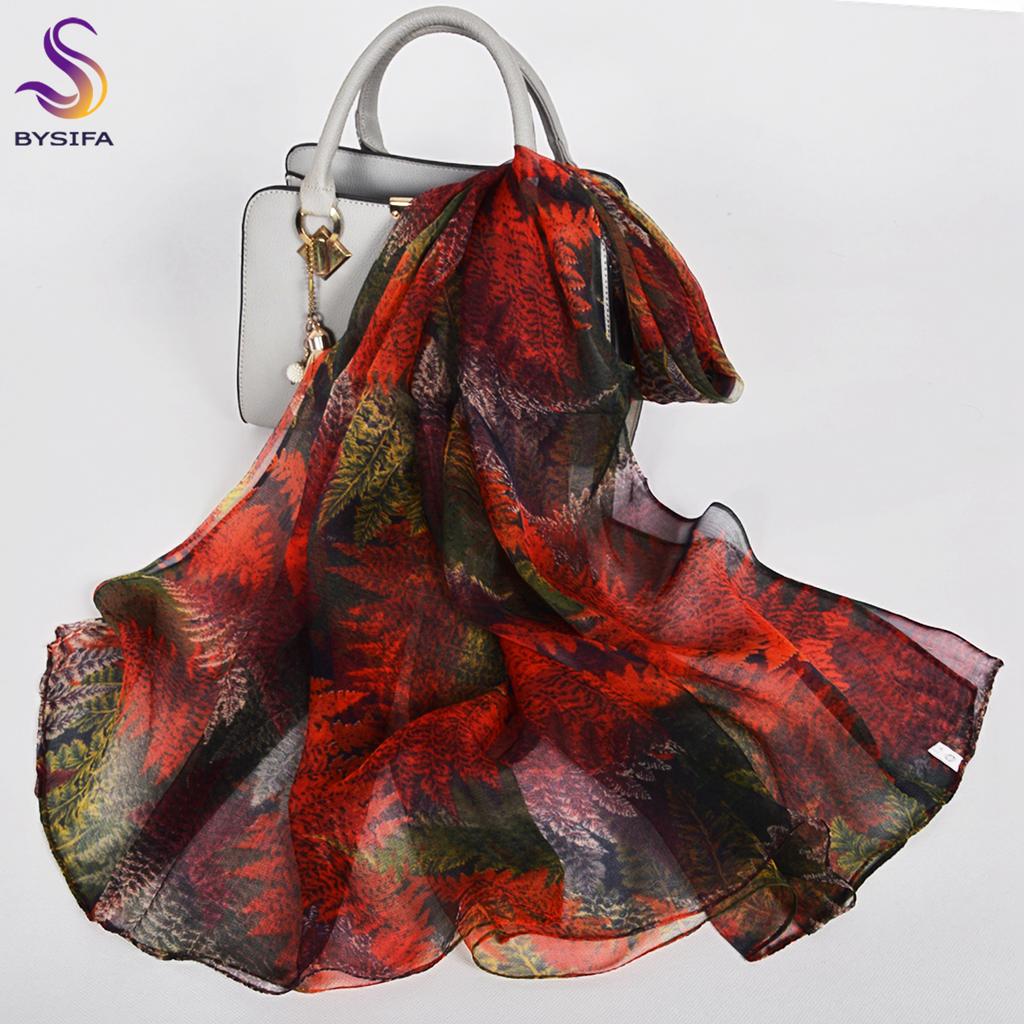 BYSIFA| Beige Pink Women Long 100% Mulberry Silk Scarf Printed Fashion Leave Pattern Brand Spring Ladies Scarves Shawls  170*105