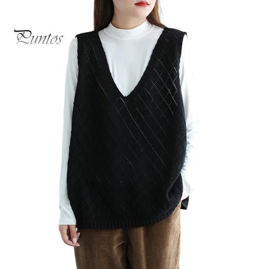 

Весна Осень Женский Жилет Вязаный Свитер Ретро V-образный Вырез Свободный Без Рукавов Однотонный Пуловер Ажурный Ромбовидный Текстурный Топ Повседневная Одежда чёрный