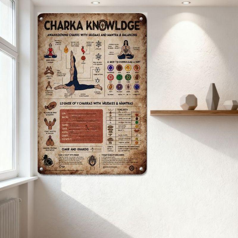 Vintage Chakra Knowledge Metal Tin Sign, Yoga Mudras Mantras Balancing Art Wall Decor, Rustic Old School Aesthetic for Home Offi