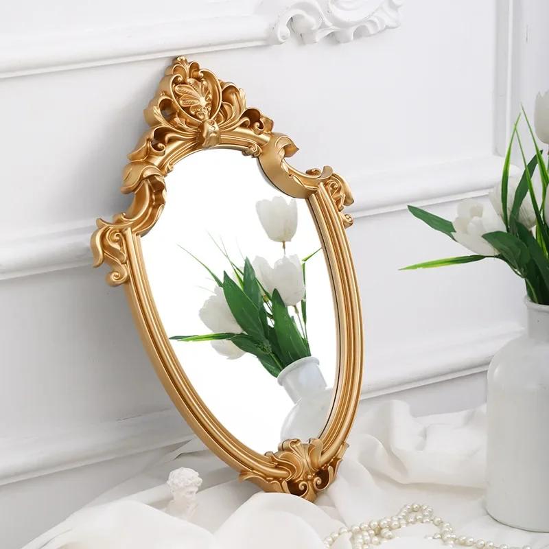 Specchio da Parete per Bagno Vintage Europeo Specchio per Trucco da Viaggio Vittoriano Barocco Specchio per Trucco con Cornice Piccola Specchio da Parete in Resina Oro