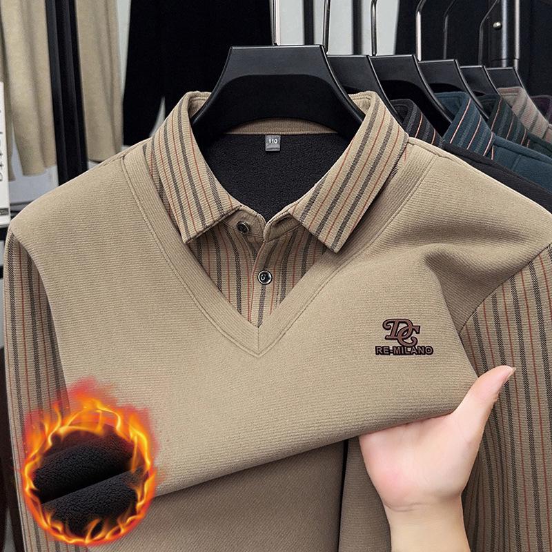 Men s Striped Knit Sweater with Fleece Lining, Faux Two-Piece, Turn-Down Collar, Dad Style, Thickened and Warm Base Layer XXL