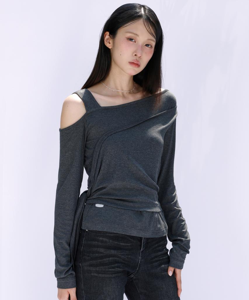 SECONDSALT Wrap Layered One-Shoulder Long Sleeve (Charcoal)