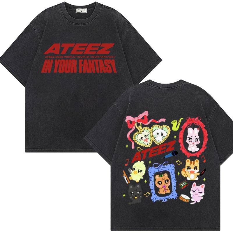 ATEEZ  World Tour in Your Fantasy Graphic T Shirt Harajuku Kpop Vintage Washed Tshirt Unisex Fashion Casual Cotton Tshirts