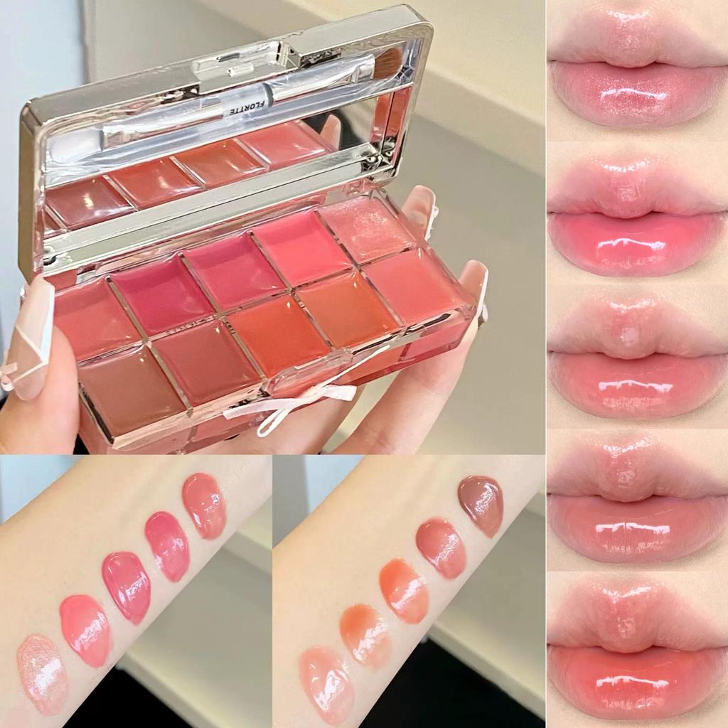 FLORTTE 10-Color Lip Palette Multifunctional Lip Gloss & Lipstick Moisturizing Pigmented Easy to Apply for Glossy Lips